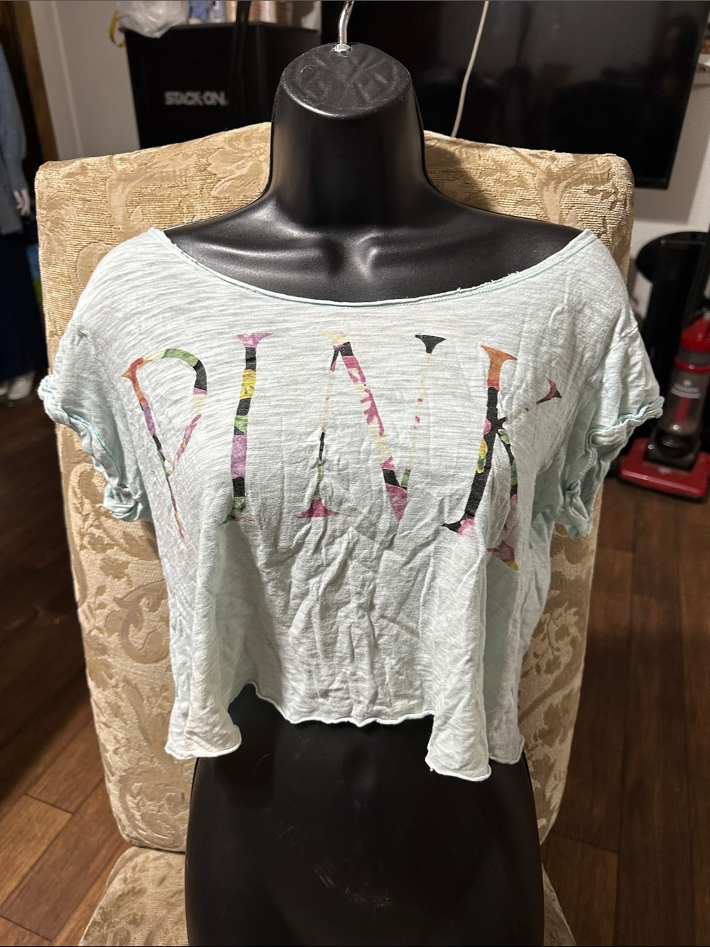 PINK Victoria's Secret Mint Cropped Graphic Tee with Multicolor Floral Logo